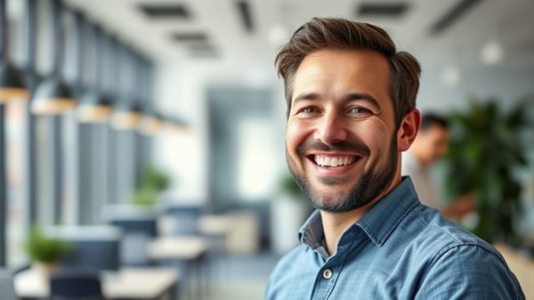 Friendly man smiling in modern office, related to garage conversions.