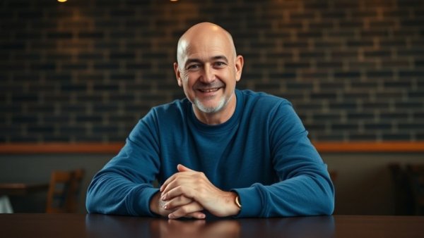 Middle-aged man in blue sweatshirt smiling, best of both worlds in fitness training.