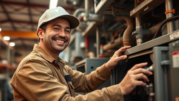 Smiling HVAC technician working in warehouse, embodying workforce retention.