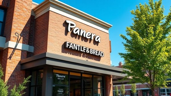 Panera Bread storefront with logo under blue sky, highlighting decline issues.