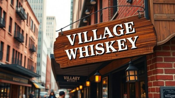 Village Whiskey menu revamp showcased with rustic sign on brick building.