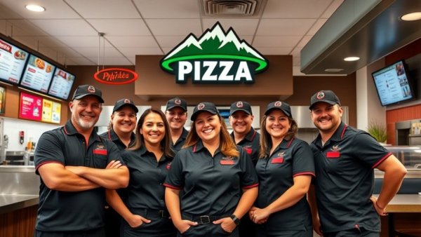 Mountain Mike's Pizza Ashwaubenon team smiling in pizzeria uniform.