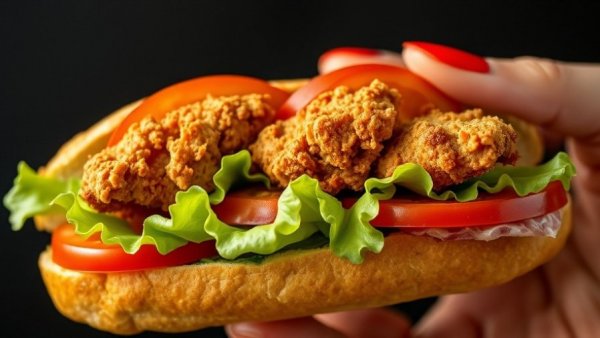 Off The Hook Grand Opening Lafayette: Close-up of a delicious sandwich held in hand.