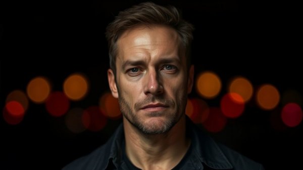 Serious man in focus, vivid background, cinematic style.