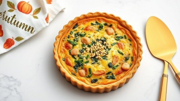 Healthy vegetarian quiche with sesame seeds on Thanksgiving table.