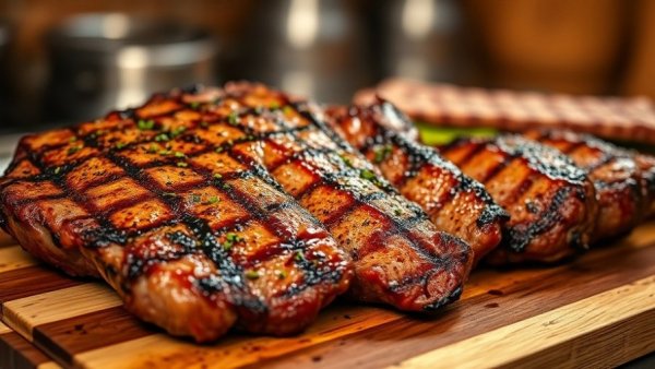 Perfect steak and burgers, grilled and juicy, on the cutting board.