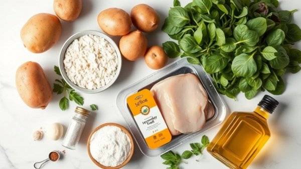 Ingredients for high protein spinach gnocchi recipe on marble surface.