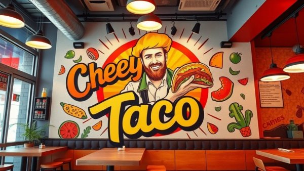 Vibrant restaurant mural with vintage taco illustration, U.S. restaurant brands expanding UK opportunities.
