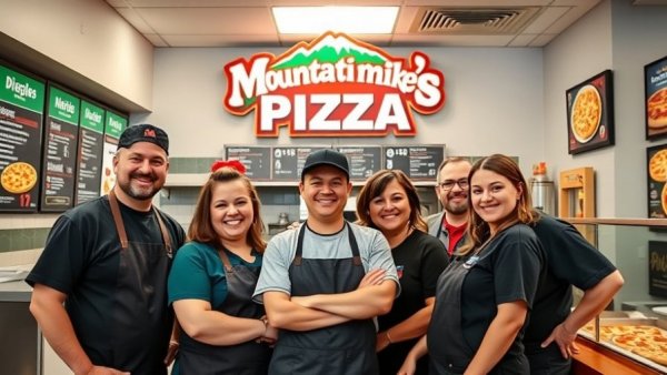 Smiling Mountain Mike's Pizza staff inside modern restaurant, highlighting expansion.