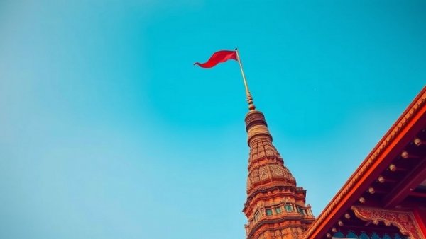 Intricate temple spire with red flag against blue sky, Civil Engineering in Gym Design.