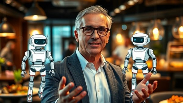 AI in restaurant menu development, man discussing with robots in the background.
