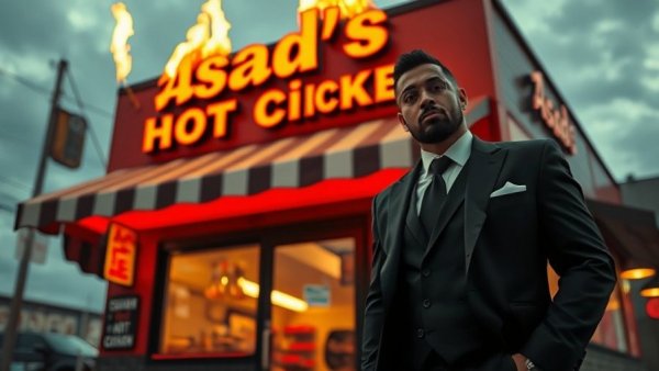 Stylish portrayal of Asad's Hot Chicken storefront with fiery background.