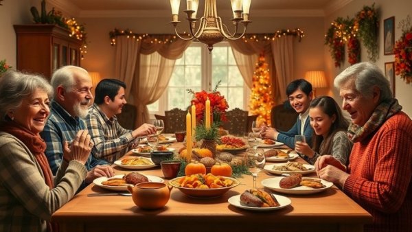 Family enjoying Thanksgiving carryout meals 2025 in a cozy dining room.