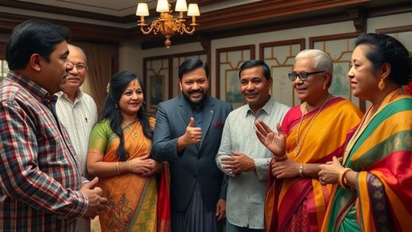 Humorous scene of a group discussing civil engineering in traditional attire.