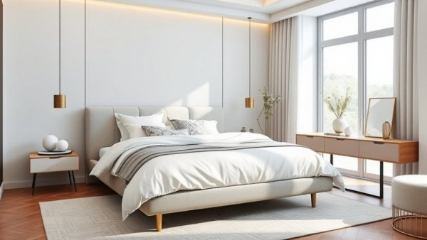 Modern bedroom showcasing the elegant FOK959S-M bed model with minimalist decor.