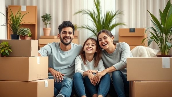 Happy family enjoying their moving experience with boxes.