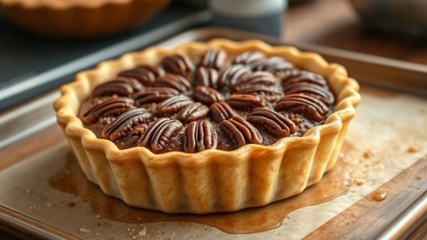 Freshly baked pecan pie on a tray, golden crust, healthy eating.