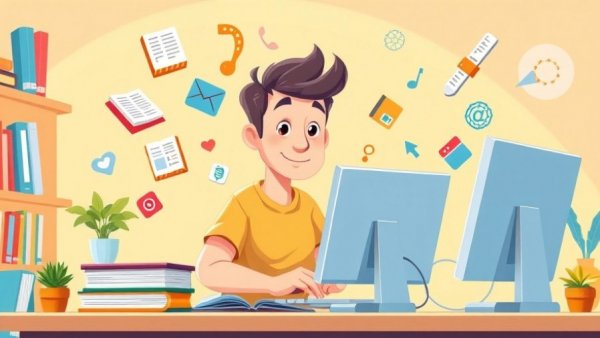 Colorful cartoon illustration of how to start a blog guide, icons and books.