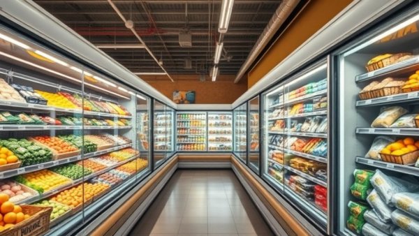 Organized grocery aisle with refrigeration, showcasing AIM Act compliance.
