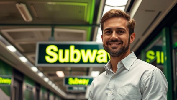 Man smiling in front of Subway sign, Subway loyalty program.