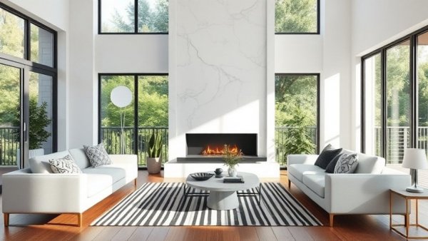 Modern living room with a sleek, updated fireplace and natural lighting.