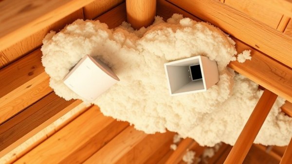 Close-up of attic vent chutes installation with spray foam.