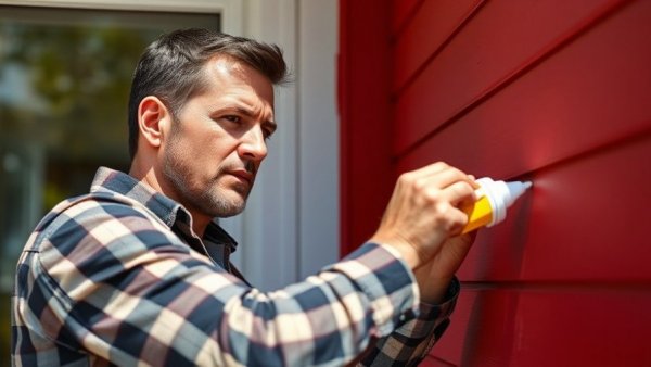 Contractor applying caulking to red wall on sunny day.
