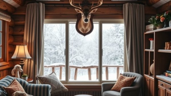 Cozy winter room showing snowy exterior through windows, 3 Season Room vs. 4 Season Room.