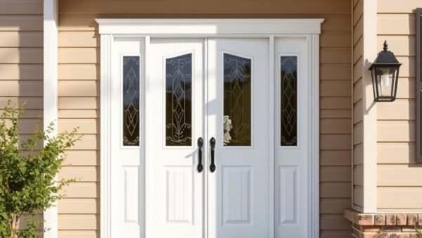 Sleek white fiberglass front door with sidelights on beige siding.