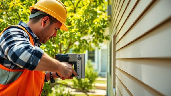 Construction workers addressing common siding issues on a building.