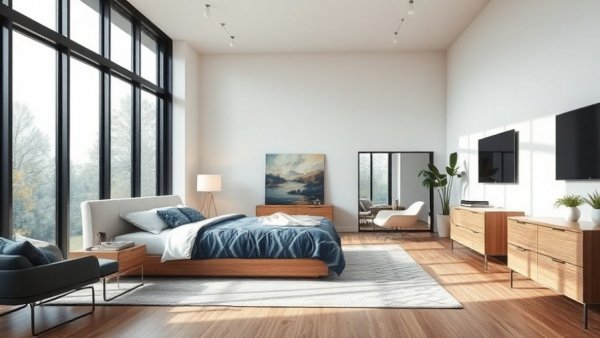 Modern bedroom with large black-framed windows for best window styles.