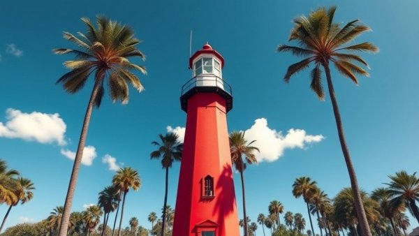 Red and white lighthouse with palm trees.