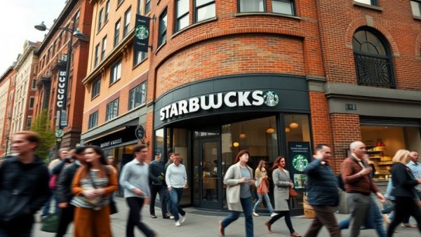 Starbucks storefront with busy street in urban setting.