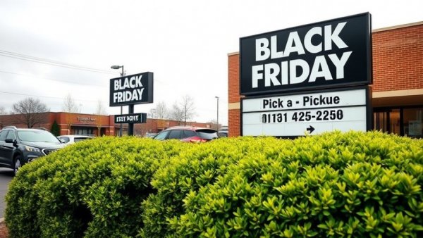 AI shopping impact sign in parking lot, Black Friday deals, pickup delivery.