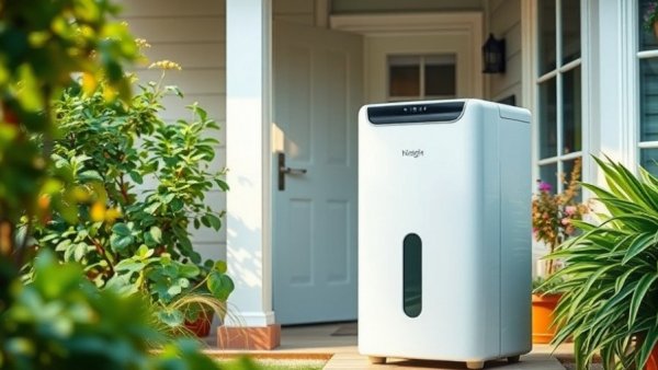 Whole-house dehumidifier benefits, dehumidifier in front of house with greenery.