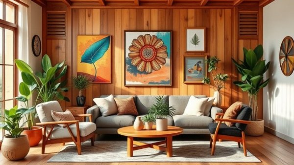 Eclectic decor in a new home with vibrant art and plants.