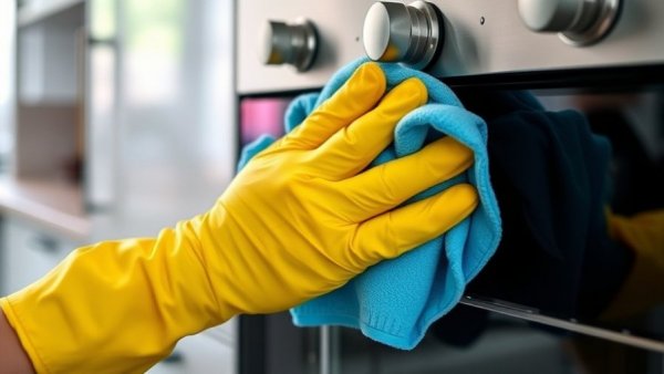 Hands in yellow gloves cleaning stainless steel oven with blue cloth, kitchen.