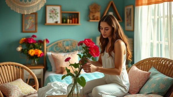 Nostalgia-Core decor in modern bedroom with woman arranging flowers.