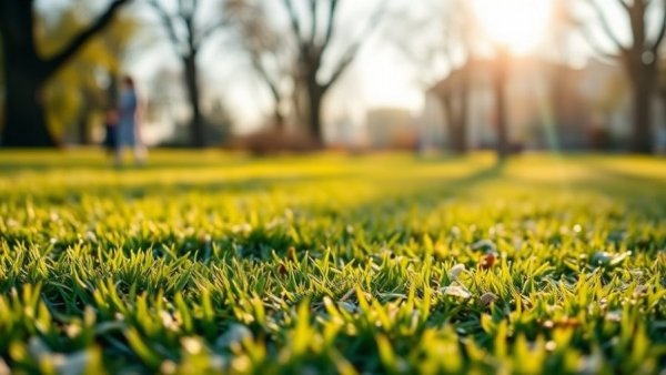 Frost on lawn in early morning light, pre-frost lawn care scene