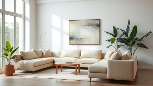Elegant living room with beige sofas and minimalist decor in soft lighting.