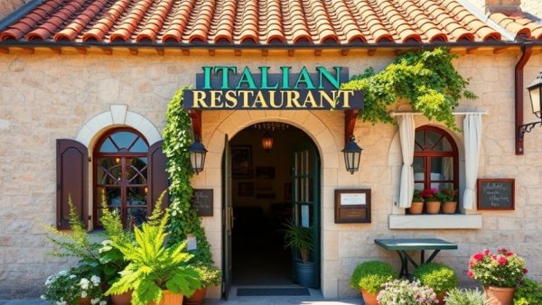 Romano's Macaroni Grill features terracotta roof and stone walls in a sunny setting.