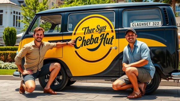 Cheba Hut Uptown Minneapolis van with two smiling men kneeling.