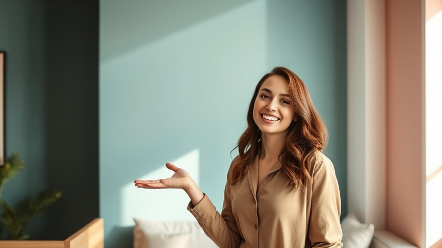 Young woman proudly showcasing harmonious living room color choices infused with joy.