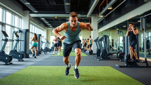 Motivated man exercising in a modern gym with vibrant atmosphere.