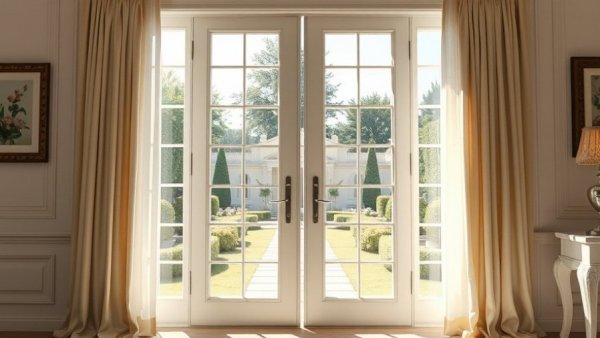 Elegant French doors in sunlit room, enhancing space and light.