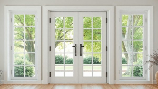 Elegant white hinged French doors leading to a scenic outdoor view.
