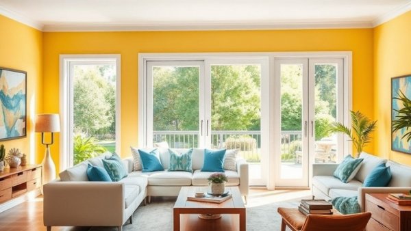 Sunny living room with modern sliding glass doors and yellow walls.
