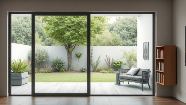 Modern sliding glass doors opening to a garden view in a living room.