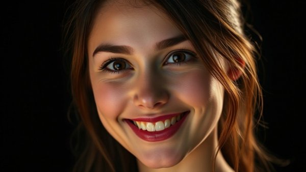 Smiling young woman in cinematic lighting, vibrant expression.
