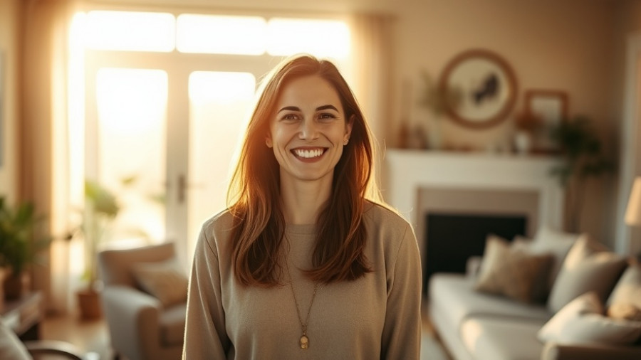Homeowner smiling in a warm, sunlit room, showcasing sustainable HVAC solutions.